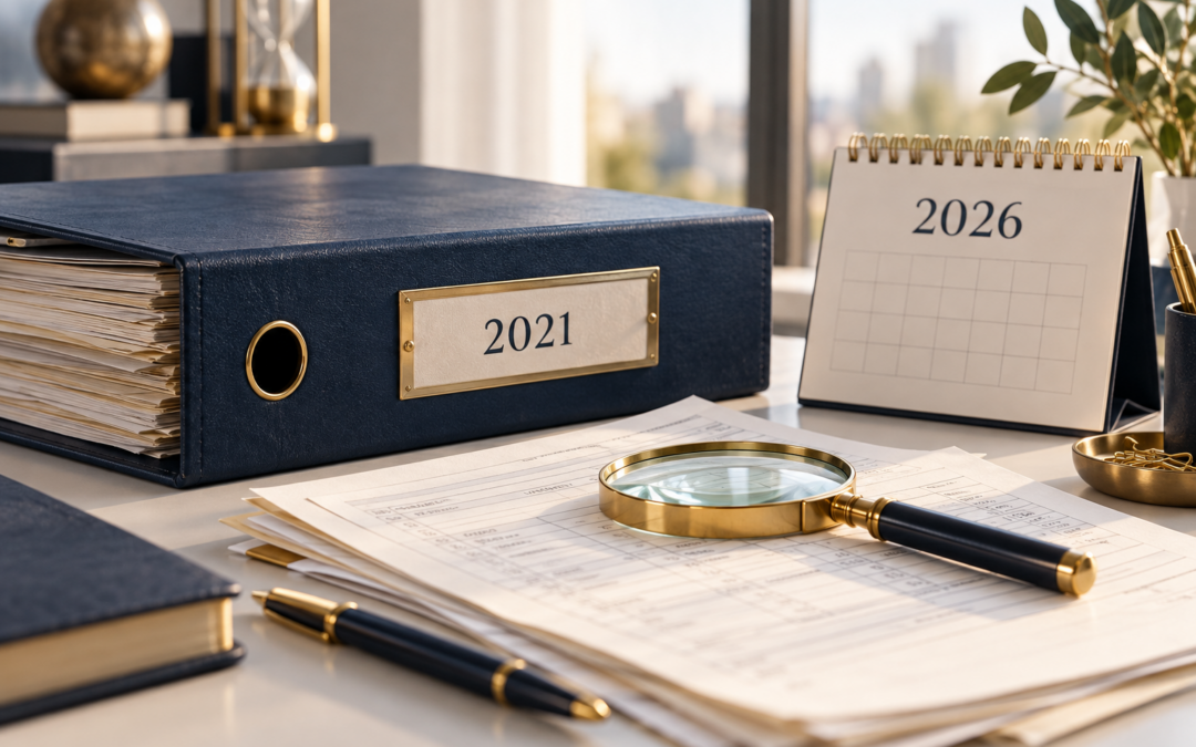 Segregator z dokumentami z 2021 roku, faktury pod lupą i kalendarz na 2026 rok